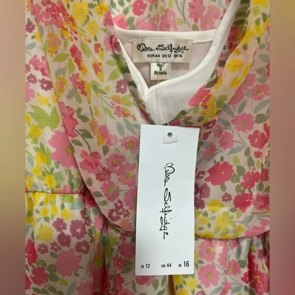 Miss Selfridge Floral Chiffon Romper Pink Yellow Long Sleeve V-Neck US 12 NWT - Picture 3 of 11